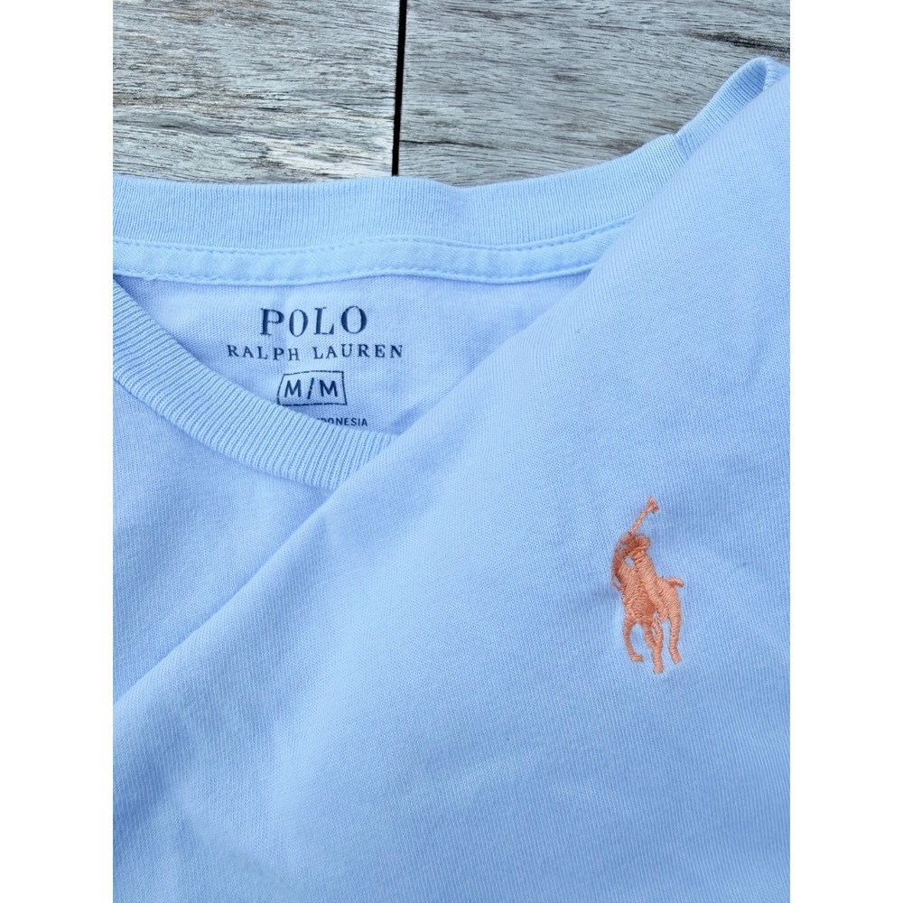 Polo Ralph Lauren Men's Med V-Neck T-Shirt Light Blue Orange Pony Logo